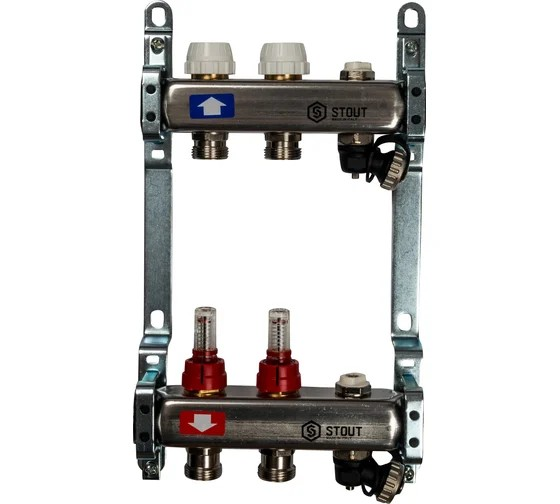 Коллектор из нержавеющей стали с расходомерами, с клапаном вып. воздуха и сливом 2 вых., STOUT SMS-0927-000002