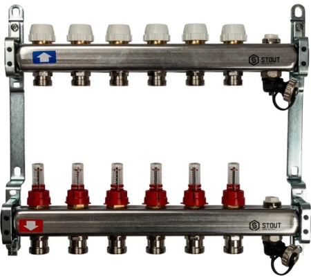 Коллектор из нержавеющей стали с расходомерами, с клапаном вып. воздуха и сливом 6 вых., STOUT SMS-0927-000006