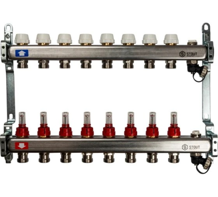 Коллектор из нержавеющей стали с расходомерами, с клапаном вып. воздуха и сливом 8 вых., STOUT SMS-0927-000008