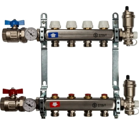 Коллектор из нержавеющей стали в сборе без расходомеров 4 вых., STOUT SMS 0912 000004