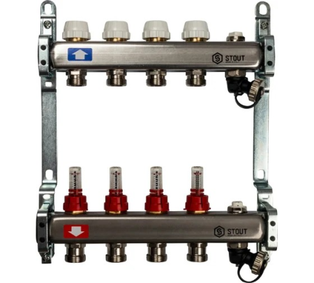 Коллектор из нержавеющей стали с расходомерами, с клапаном вып. воздуха и сливом 4 вых., STOUT SMS-0927-000004