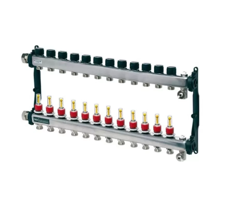 Коллектор отопительного контура TECEfloor из нержавеющей стали, с расходомерами для тепл. пола 1'' и 3/4'' (еврок.), 12 контуров