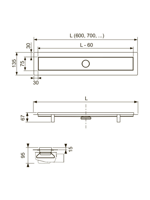 Комплект TECElinus для монтажа дренажного канала 600 мм с основой для плитки “tile” и панелью “steel” 2 в 1 15103069-1
