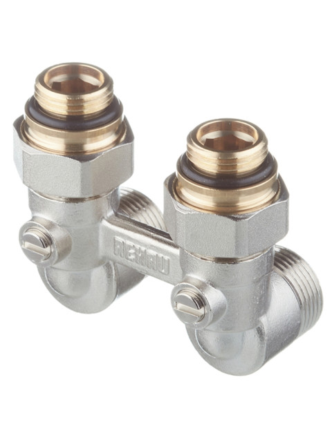 Узел нижнего подключения Rehau угловой 1/2 НРх 3/4 ЕК НР для радиатора с шаровыми кранами и накидными гайками 12407373001
