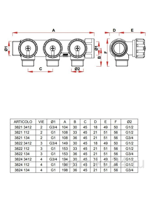 Коллектор регулируемый FAR 1"ВР 4 отвода 1/2"НР, EU с вставкой под плоское уплотнение FK 3824 112-1