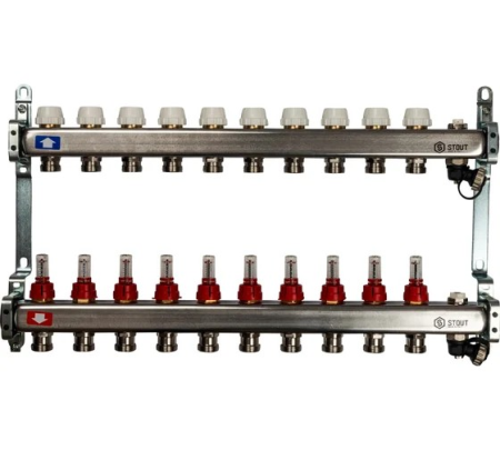 Коллектор из нержавеющей стали с расходомерами, с клапаном вып. воздуха и сливом 10 вых., STOUT SMS-0927-000010