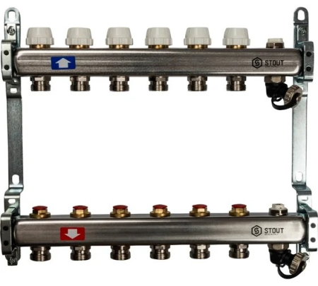 Коллектор из нержавеющей стали без расходомеров, с клапаном вып. воздуха и сливом 6 вых., STOUT SMS-0932-000006