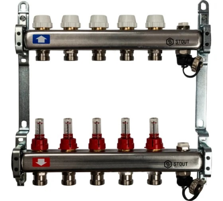 Коллектор из нержавеющей стали с расходомерами, с клапаном вып. воздуха и сливом 5 вых., STOUT SMS-0927-000005