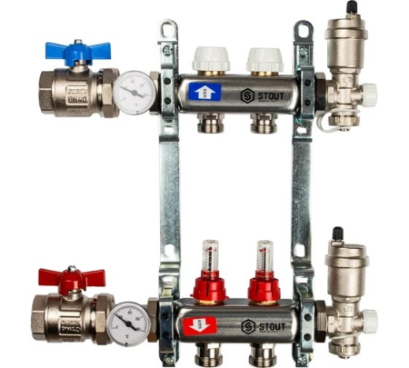 Коллектор из нержавеющей стали в сборе с расходомерами 2 вых., STOUT SMS 0907 000002