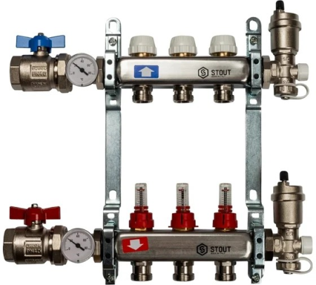 Коллектор из нержавеющей стали в сборе с расходомерами 3 вых., STOUT SMS 0907 000003